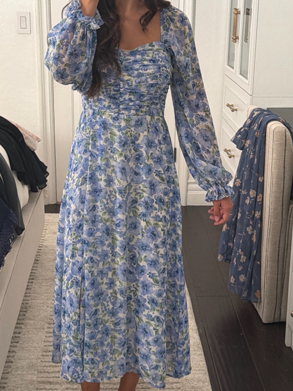Lovely Day Blue Floral Long-Sleeve Midi Dress